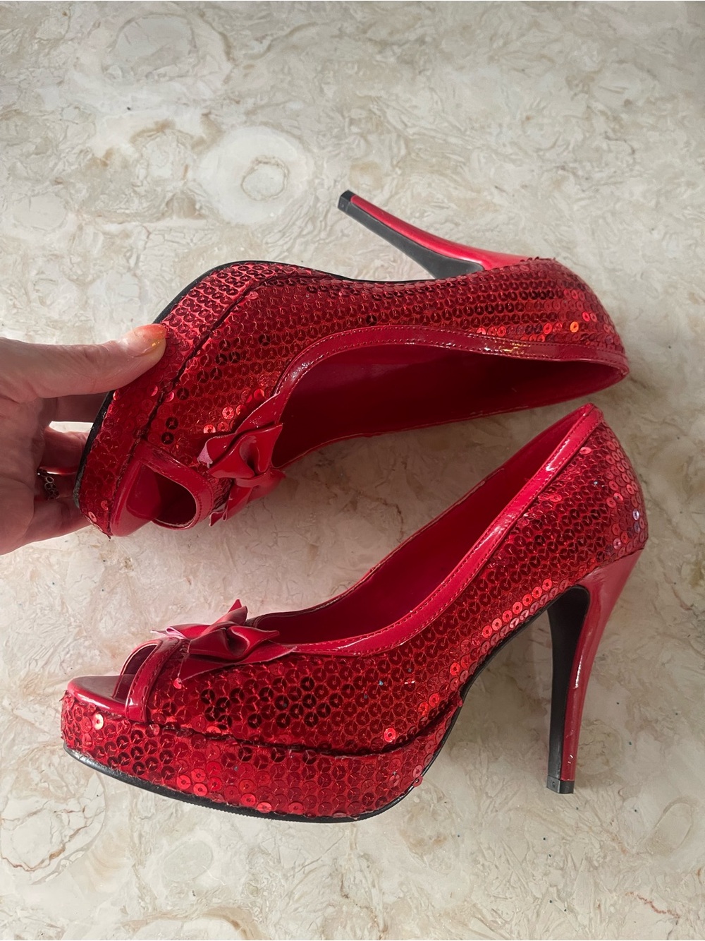 Women's Red Sequin High Heel Peep-Toe Pumps with Bows